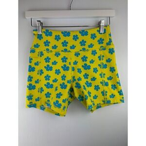 Voxy Shorts XS Yellow Blue Floral Biker High Waisted Retro‎ Gym Spandex Pocket